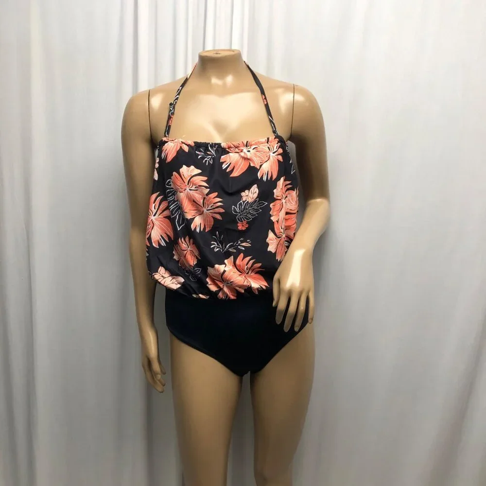 Daci Black Floral One-Piece Swimsuit Womens Size Small Removable Strap NEW
